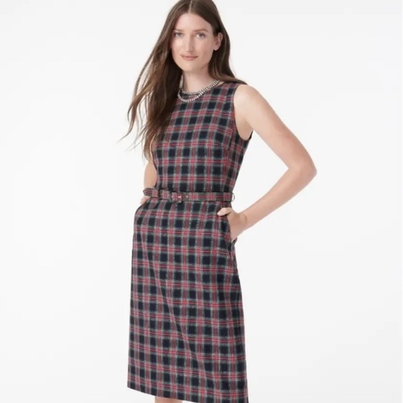 Festive J.Crew Belted Sheath Dress in Black Stewart Tartan - Picture 2 of 4